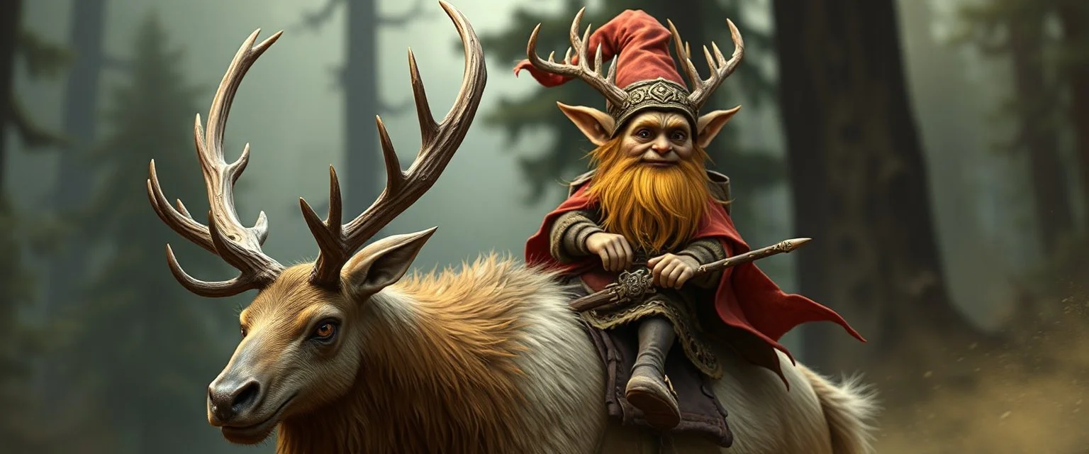 a gold ginger fluffy gnome kobold stag gremlin that looks like the opposite of a vampire in bunad riding an elk
