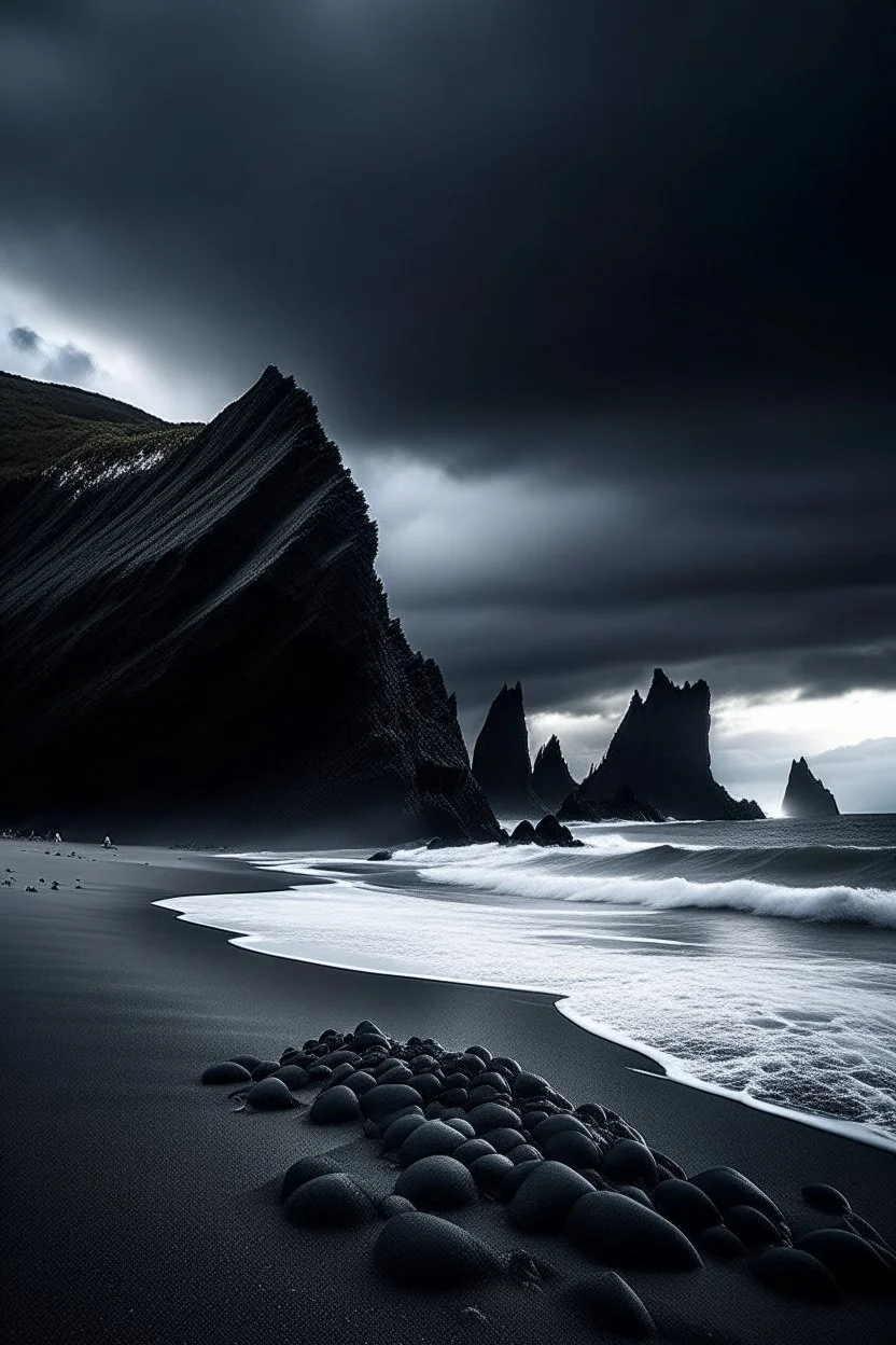 Reynisfjara Black Sand Beach, Iceland : A dramatic black sand beach with towering basalt columns, rendered in oil paint with thick impasto strokes to capture the rugged texture of the rocks. The sky is dark and stormy, with lightning illuminating the scene. Use a palette of cool tones to create a moody atmosphere, and incorporate a sense of awe and wonder through the dramatic contrast between the dark sky and the bright lightning. Rule of thirds, golden ratio, leading lines, a giant spaceship