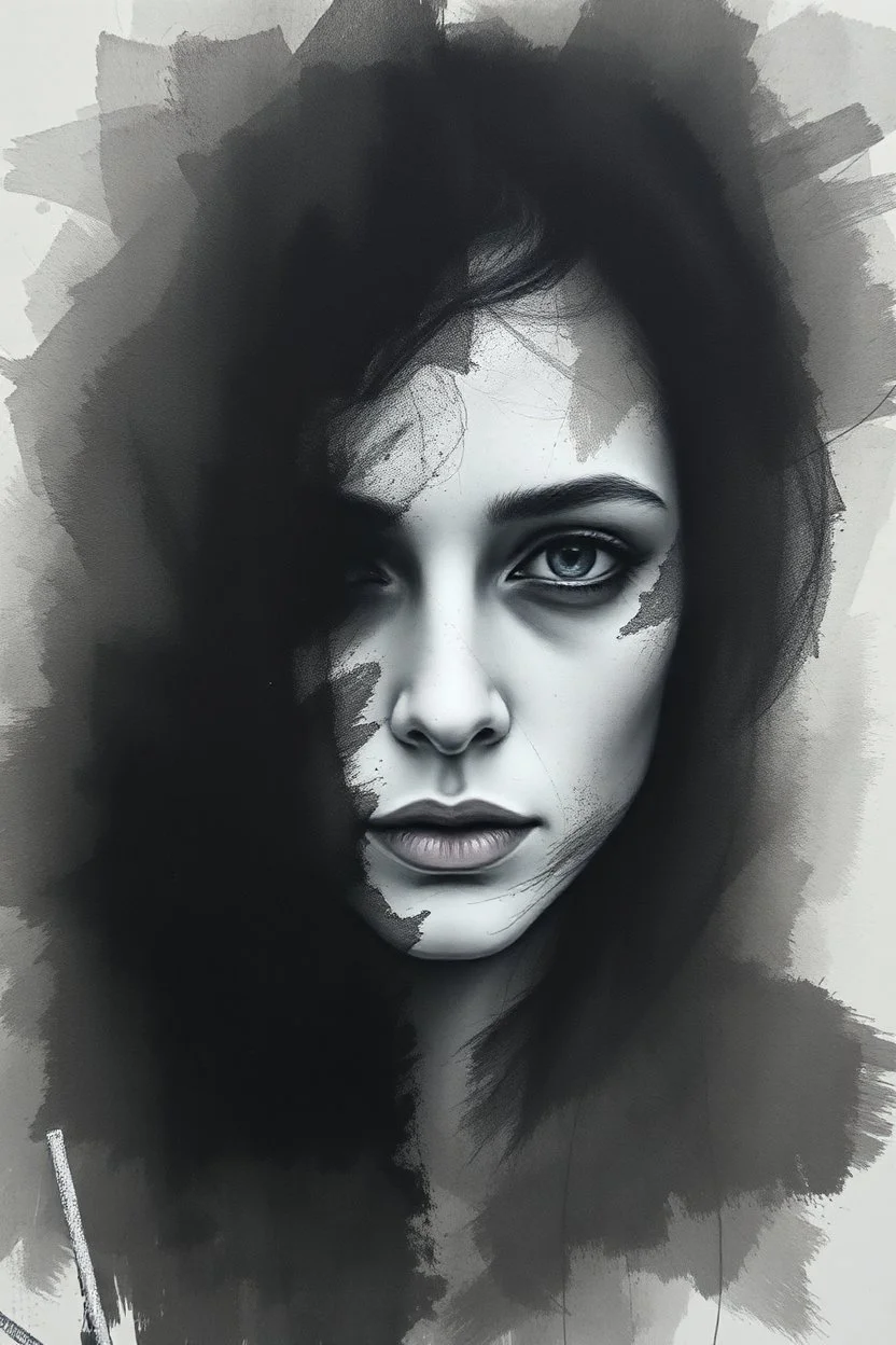 A hauntingly beautiful abstract portrait of a human face emerging from soft charcoal strokes. The figure is partially obscured with blurred, smudged textures, creating an ethereal and ghostly effect. The face conveys subtle sadness and mystery, with deep shadows and faint highlights giving it a timeless ...
