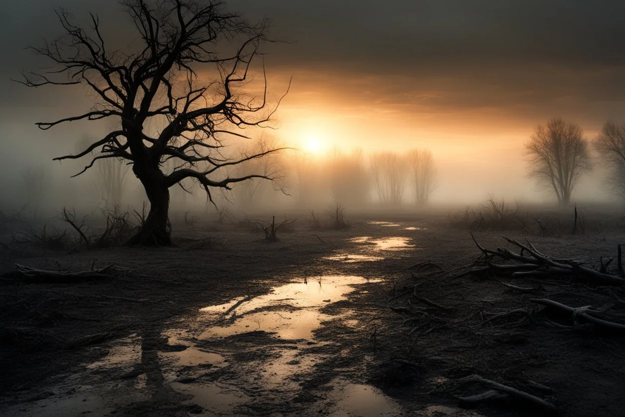 a dirty iced road next to a tree on a foggy day, depressive moody sunset background, dry tree branches scattered in mud, dark iced swamp, full white snowy landscape , doom and gloom, grey clouds, snow dawn, snowy landscape, dramatic matte painting, melancholic mood