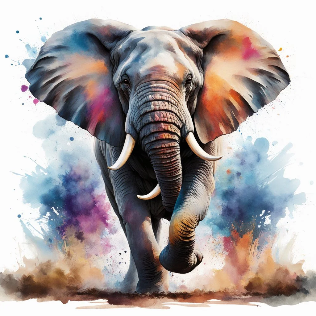 A wild <elefant> in full roar, charging forward with a fierce expression. The image is captured in a dynamic watercolor style, showcasing vibrant colors and fluid brushstrokes. Splashes and splatters around the <elefant> suggest its swift movement and wild energy. The body is particularly detailed with bright colors to emphasize its impressive size and the <elefant>'s regal presence.