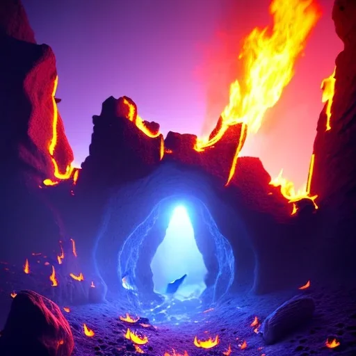 a large cave with same rocks burned and a shadow of a dragon in background, aesthetic