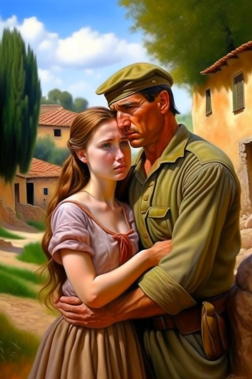 Oil painting of a soldier who fell in love with a very beautiful village girl Photorealistic