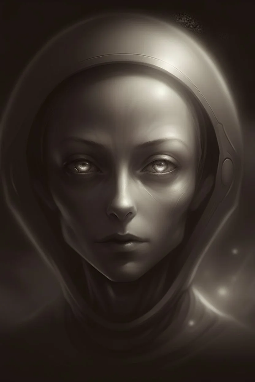 Matte finish, Concept art, Hyper Realistic Sketch, Art style of Anna Nikonova, Minimalist masterpiece, Extraterrestial cosmic being, Dark outlines, Eyes in Sharp Focus, Matte tones, Portrait, Sharp, Background out of focus, Sepia Tones or Grayscale