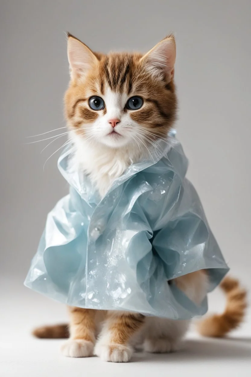 baby cat in raincoat. Chibi, Photograph, Canon DSLR, Tilt - shift, white background, high definition, Complete and coordinated composition, 8k