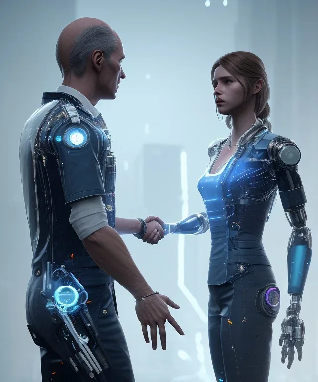 detroit become human, man, women looking at each other, real Handshake with both hands, sci-fi fantasy style, volumetric lighting, particales,highly detailed,cinamatic, deep colours,8k, more detail