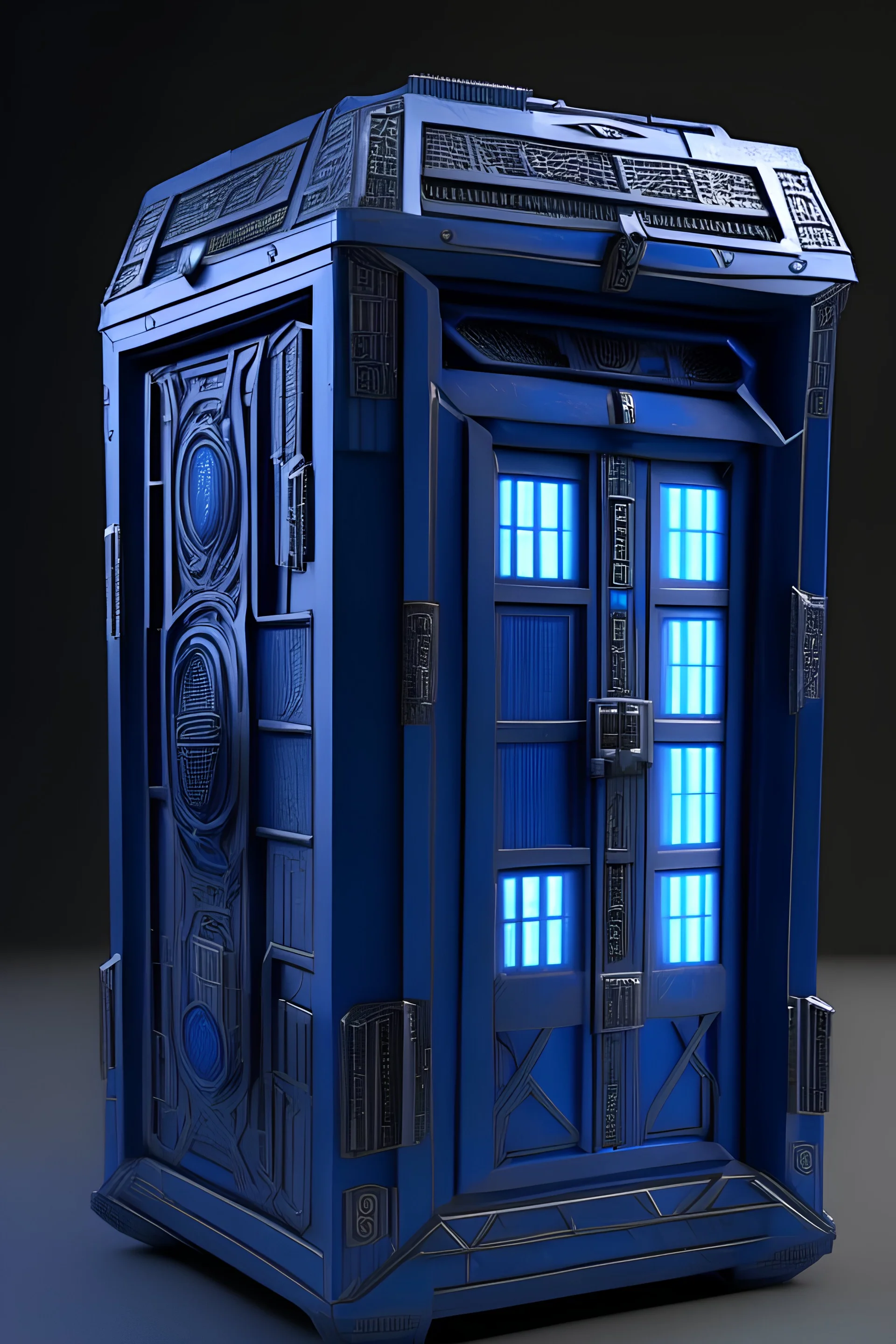 ultra detailed and intricate 3d rendering of a hyperrealistic “cyberpunk tardis box” symmetric, front view