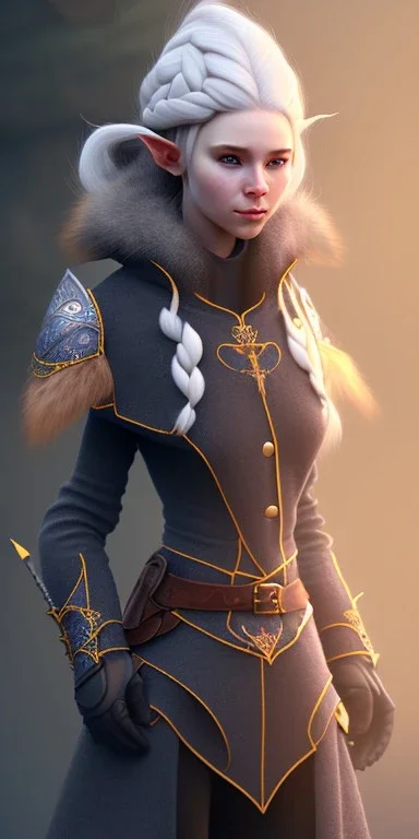 Cute and adorable female elven adventurer with ultradetailed SMALL elven ears dressed in a warm overcoat with survival gear, with adorable symmetric face and boots, in style of Cedric Peyravernay Art, microdetails --ar 2:3 --beta --upbeta --upbeta