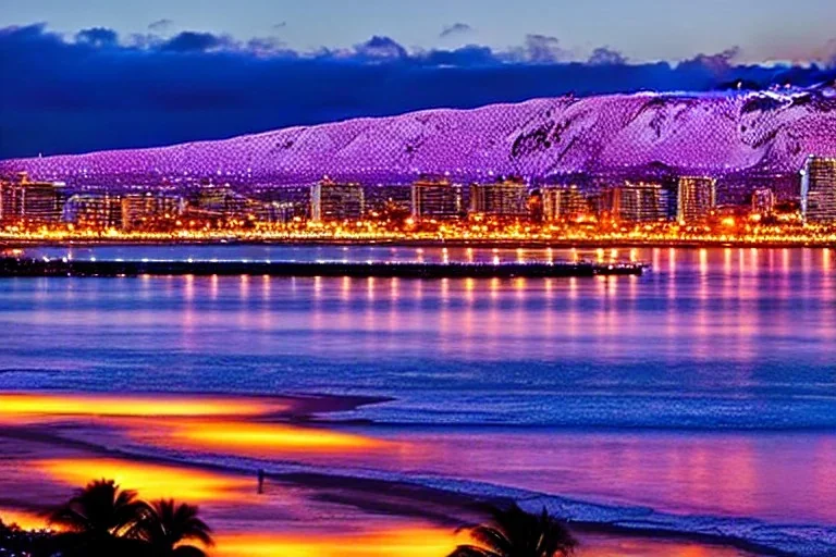 Honolulu Hawaii hotels covered in winter snow and ice at sunset, muted alcohol inks, winter wonderland