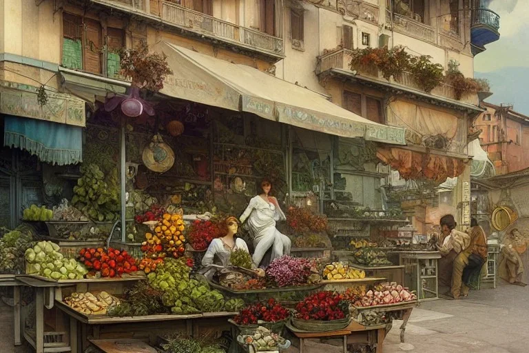 A greengrocer in colorful genoa street+Italian sea+alphonse mucha, greg rutkowski,matte painting, cryengine, hyper detailed, felix kelly, fantasy art, seb mckinnon