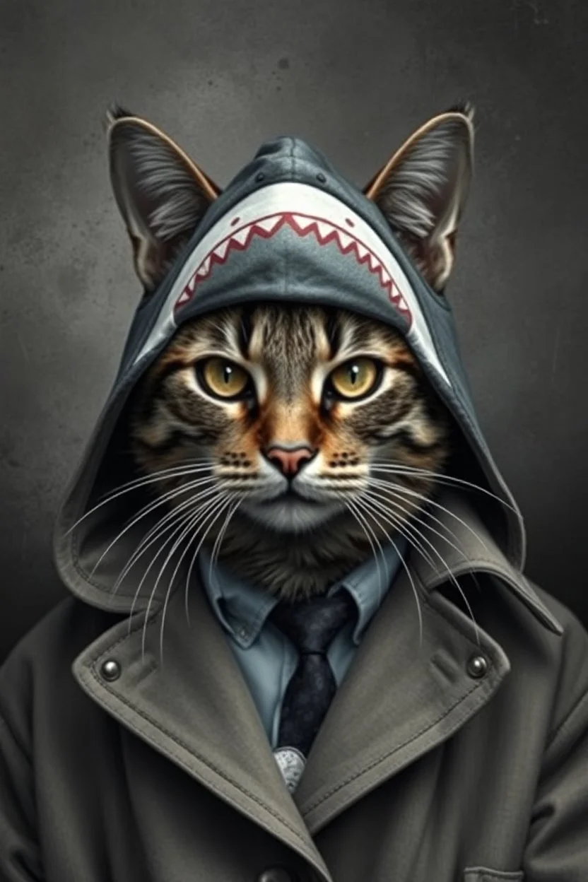 cat with shark mask hat solanain the trenches in the style of banksy