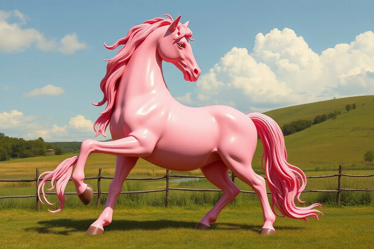 a big plastic pink horse like a 19th painting