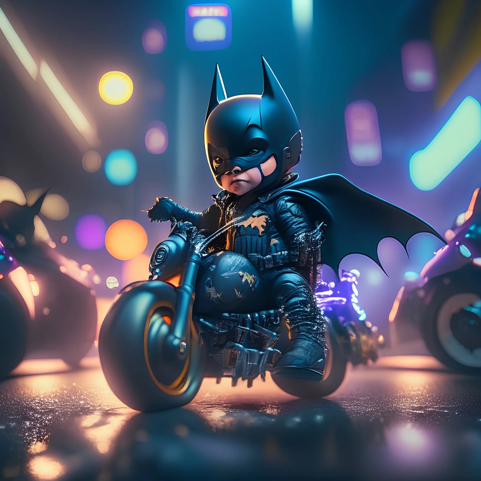 A Sharp Kawaii tiny hyper realistic baby batman riding mini harley davidson, wearing bikers clothes with freestyle action, night of cyberpunk city background. wide angle full body, 8k, Cinematography, photorealistic,epic composition Unreal Engine,Cinematic, Color Grading, Portrait Photography,Ultra-Wide Angle, Depth of Field, hyper detailed