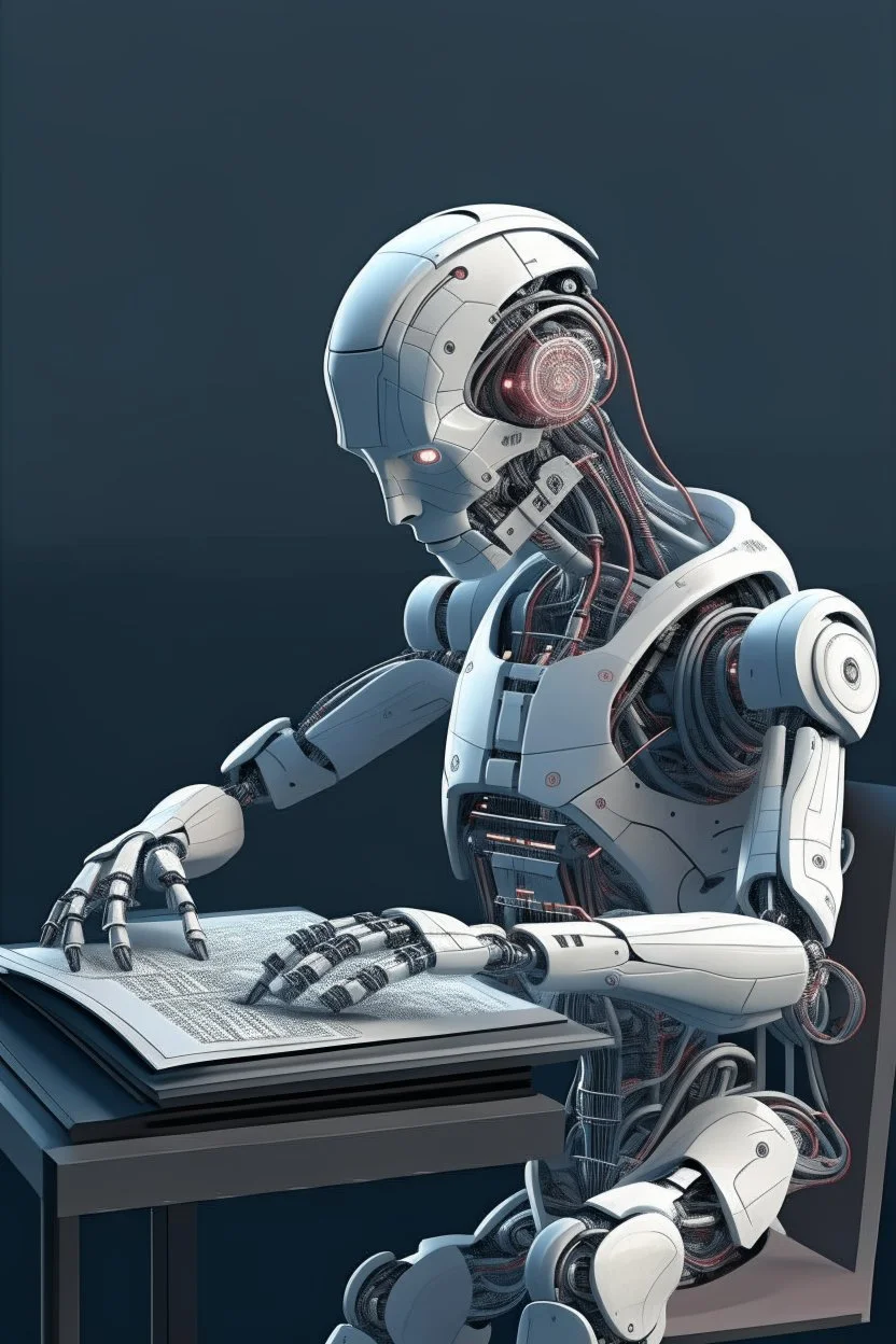 generate a front cover simplistic illustration representation of Ai realistic humanoid bot editing a book