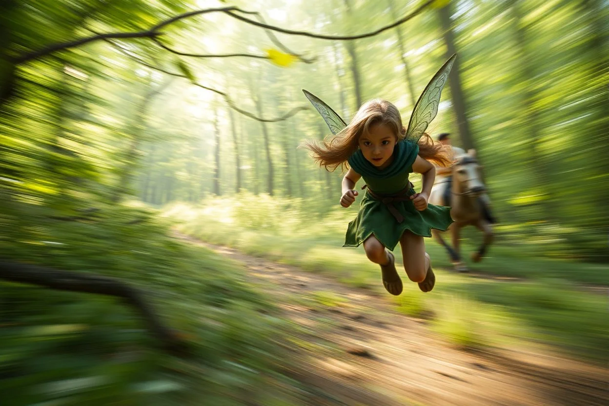 motion blur fast running caped long haired pixie Quickling - Forgotten Realms along winding branches in lush green forest along speeding horses , bokeh like f/0.8, tilt-shift lens 8k, high detail, smooth render, down-light, unreal engine, prize winning