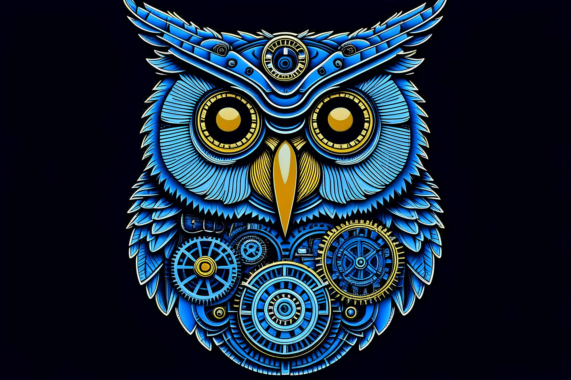 Portrait of an owl, steampunk, indigo blue, colorful, illustration, highly detailed, simple, smooth, and clean vector, no jagged lines, vector art, smooth, made all with grey colored gears inspired by future technology