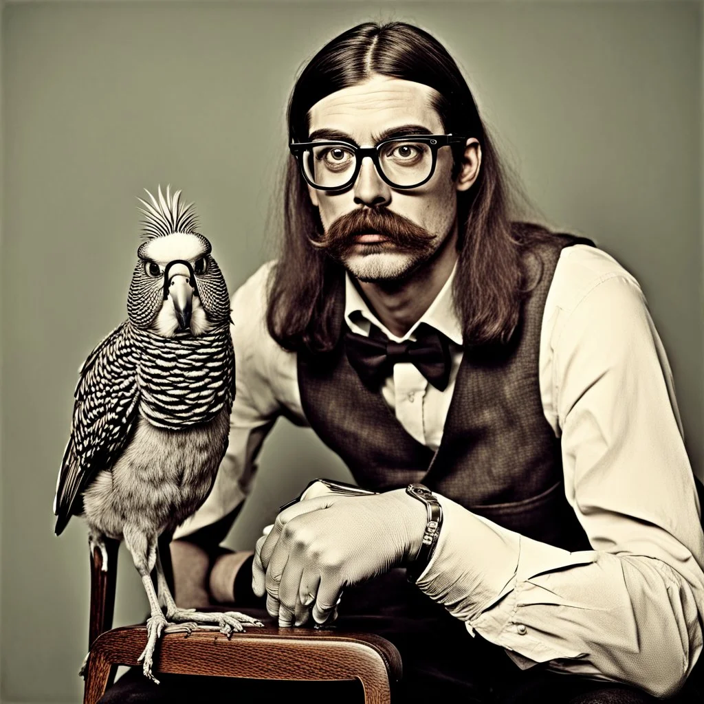 Awkward portrait Photo with a man and a woman with ugly glasses, 30 years old sitting on chair, serious look, long 1960 hair and mustasch, polaroid camera photo, holding small budgies