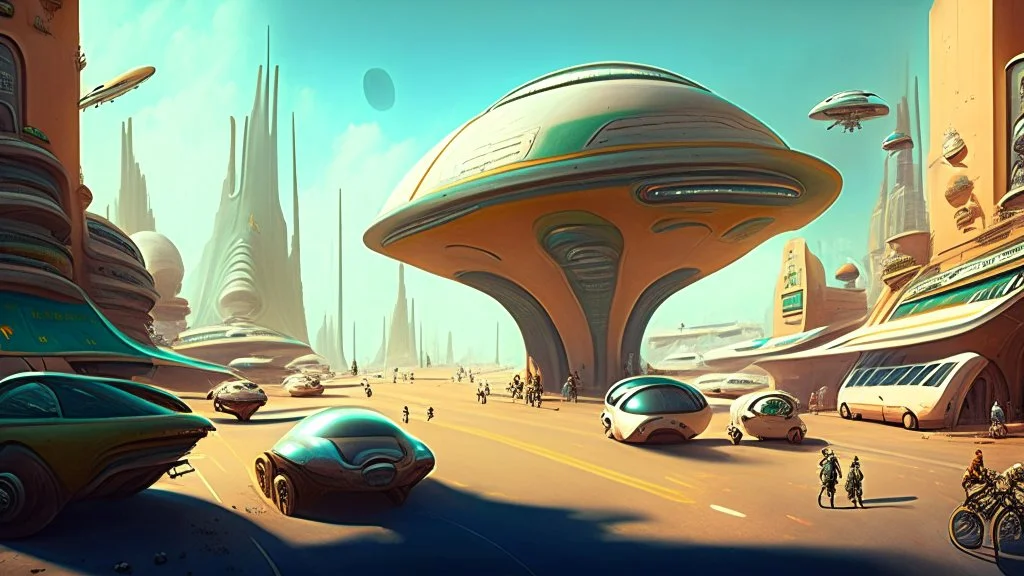 shot from ground level, busy alien town, with people, alien buildings, curved roads, vehicles, and spaceships