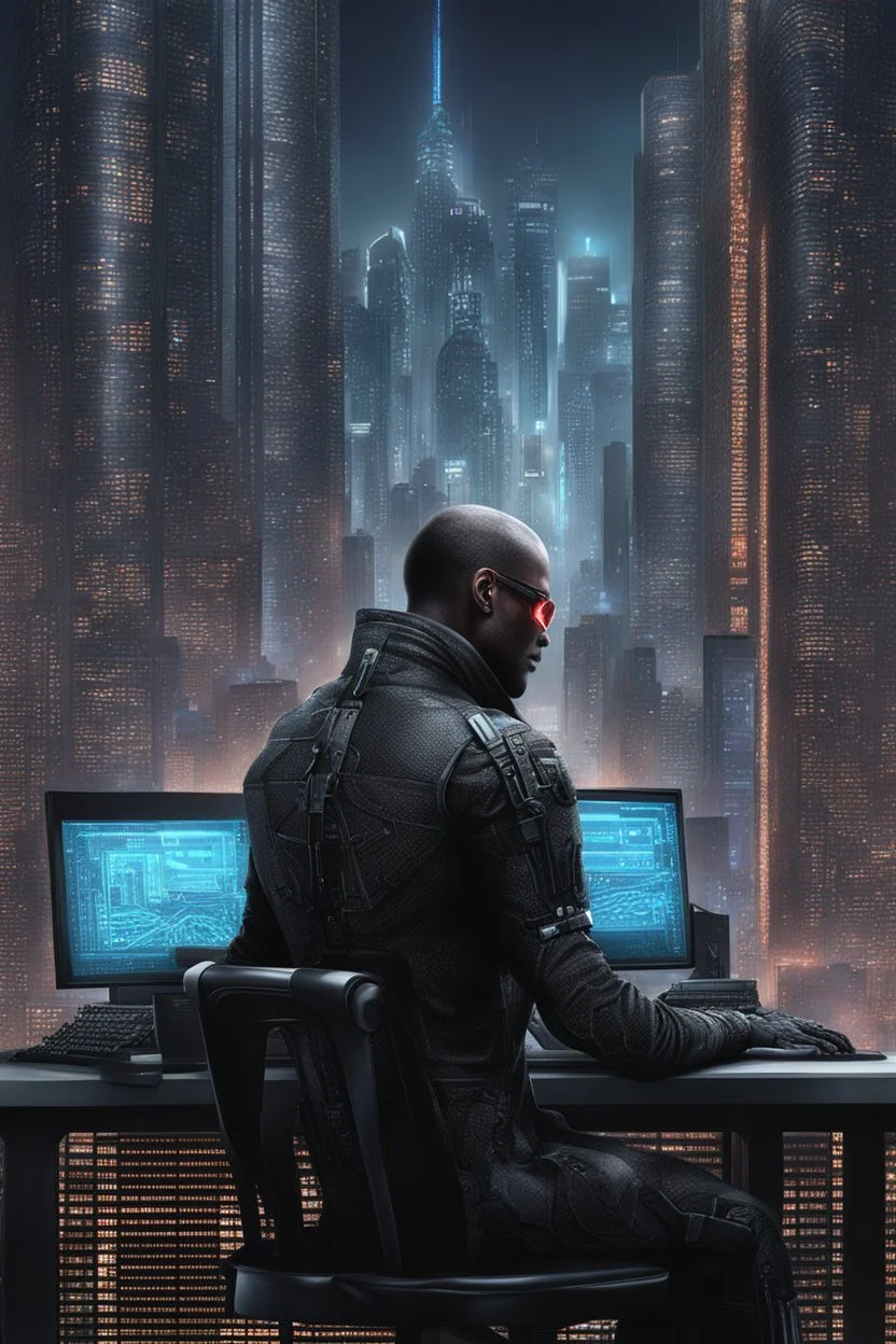 cyberpunk programmer black_Cat-human hybrid_Typing_on_computer_background binary codes, surrounded_by_mindent_3D_binary matrix codes and neutron mesh_etheral, Paranoid_sci-fi_in background_a_tall_cyberpunk_city, the cat hacker watchings monitor, Hyperrealistic texture, high detail, Sinister, cold dynamic lighting, dark-neon colors, Ultra_HD_intense_focus