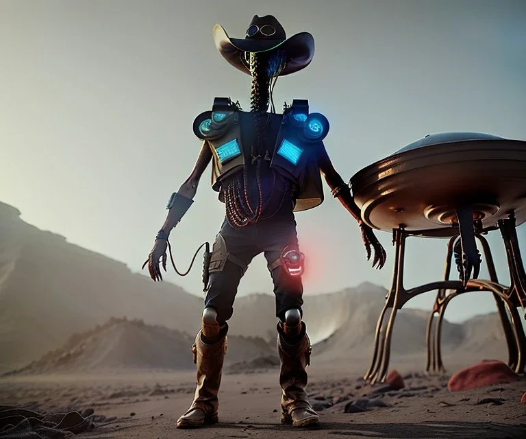 Alien, mech, vest, jellyfishsombrero, metal, holding gun, steel hands, strong, chest plate, holding rifle, pauldrons, pressurized cowboy boots, radium, cape