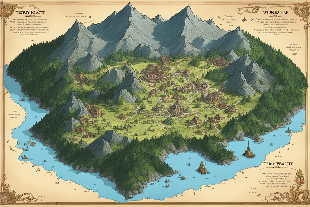 A World Map, by Terry Pratchett, in the style of RPG maps (with small trees and mountains)