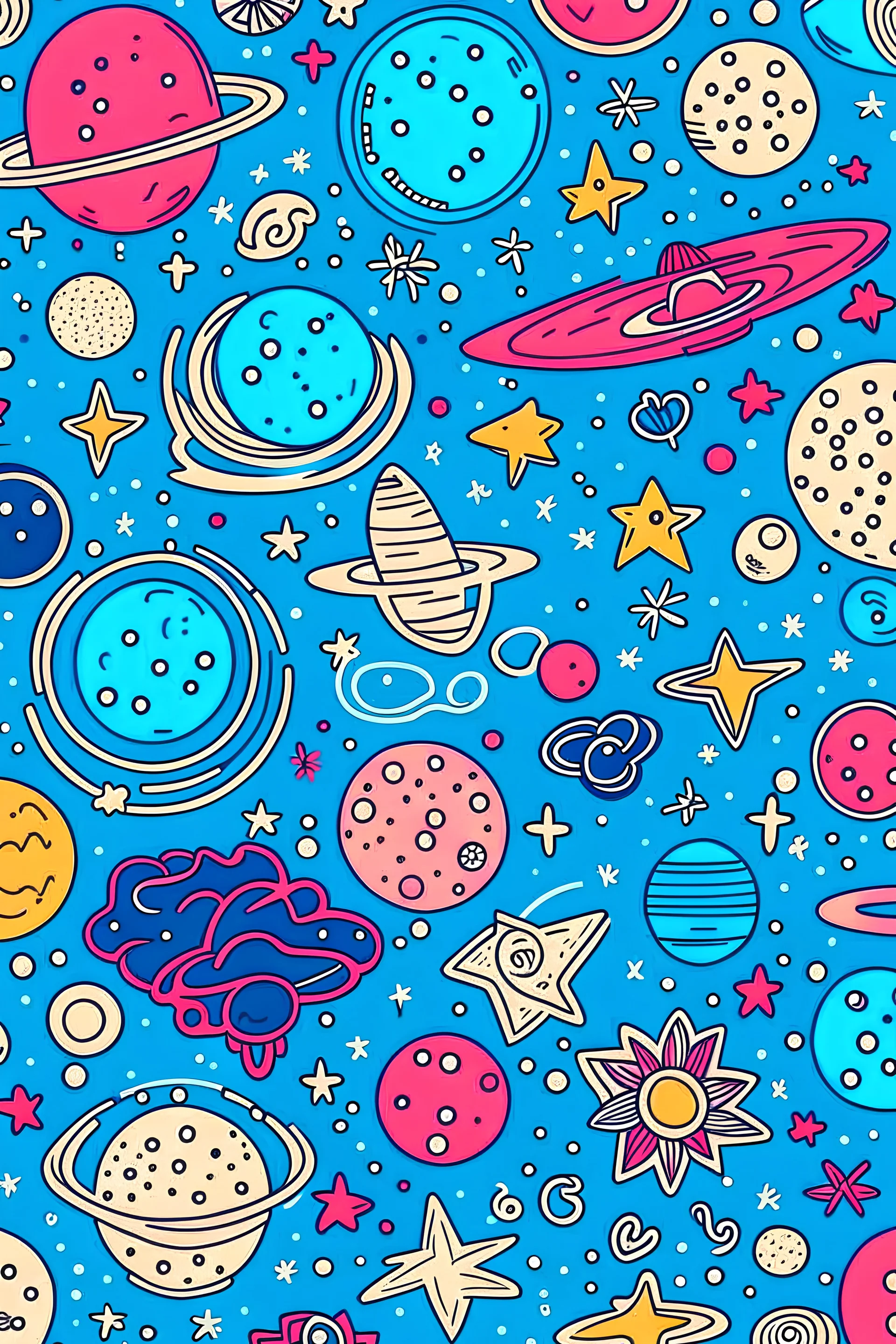 cute symmetrical outer space minimal pattern including planets and stars coloured in, sketch style, only use outline, clean line art, well outlined