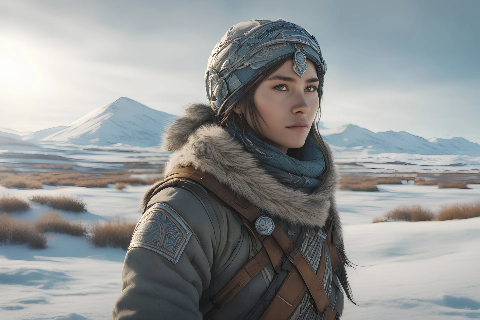 create a hand drawn young, otherworldly lost Siberian nomadic female huntress with highly detailed, sharply lined and deeply weathered facial features in a desolate tundra steppe landscape , in natural winter tundra colors, 4k