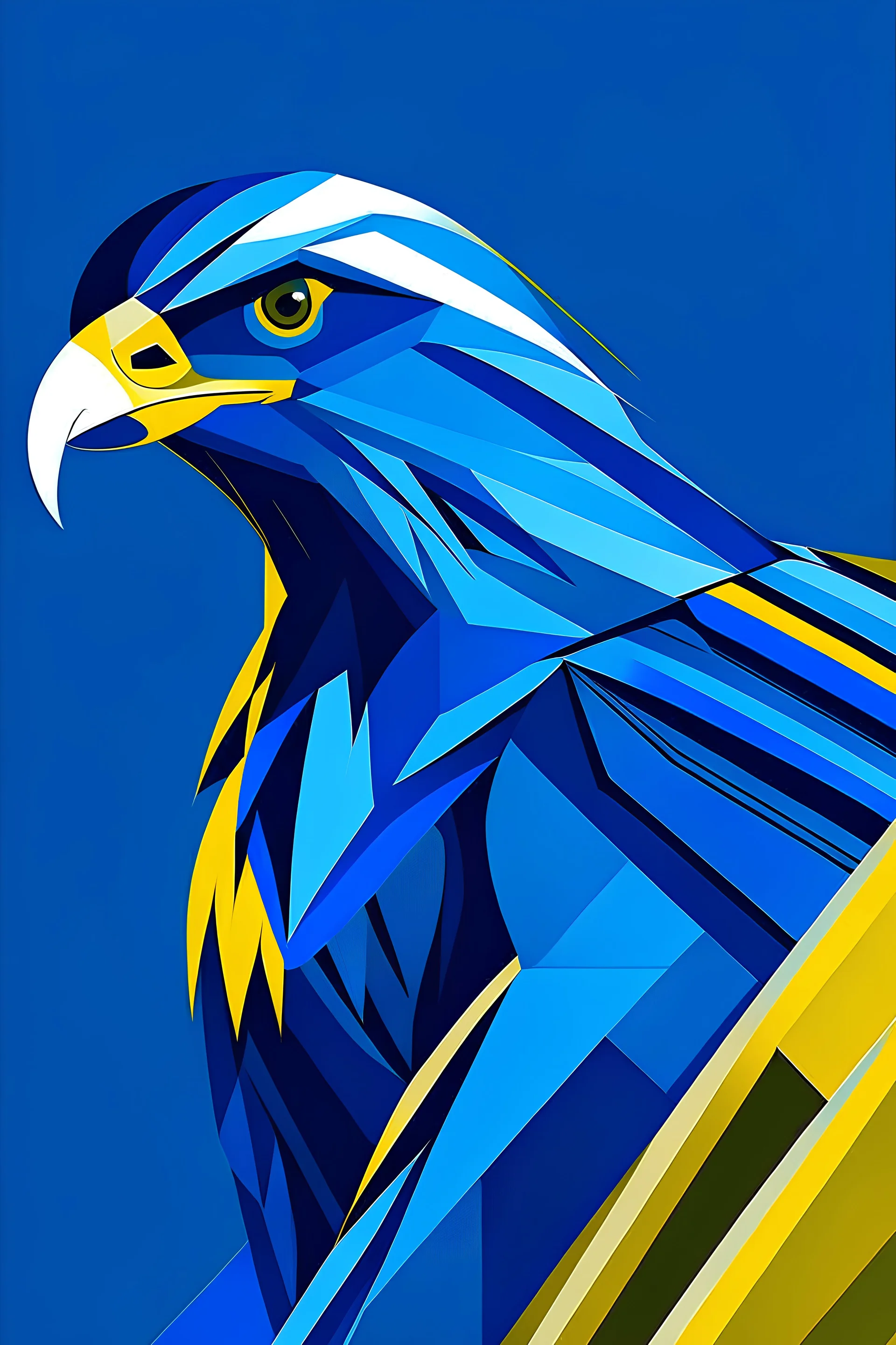 vector based illustration of a man, utilise simplified graphic solid shapes with polychromatic and bold colors, dark blue feathers and yellow talons creating a sense of power and elegance, set against a light blue background complementing its features and dark blue shadows to enhance depth and contrast in the illustration