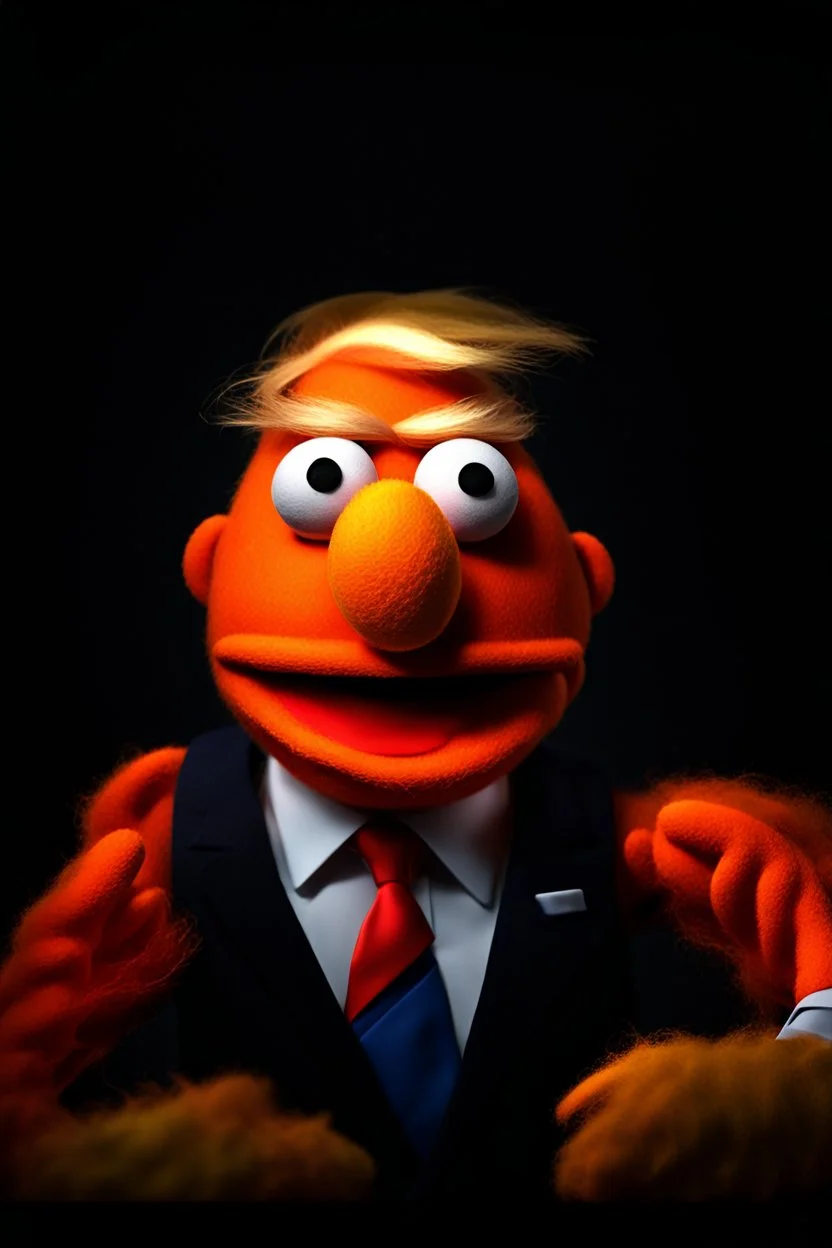 Waist up Angry muppet Portrait of Orange Donald J Trump as muppet doll made of felt, president, photo studio, black background, unreal engine 5, concept art, art station, ray tracing, lumen lighting, ultra detail, volumetric lighting, 3d.