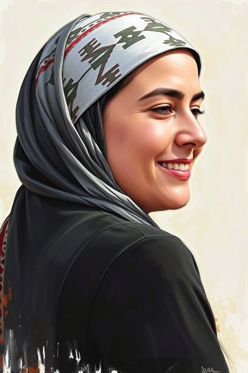 A Palestinian woman, 25 years old, wearing a keffiyeh, has a beautiful face, turns his face to the right, has a slight smile, his mouth is closed and his teeth are not visible, his eyes are looking to the left, he appears to be drawn with oil paints