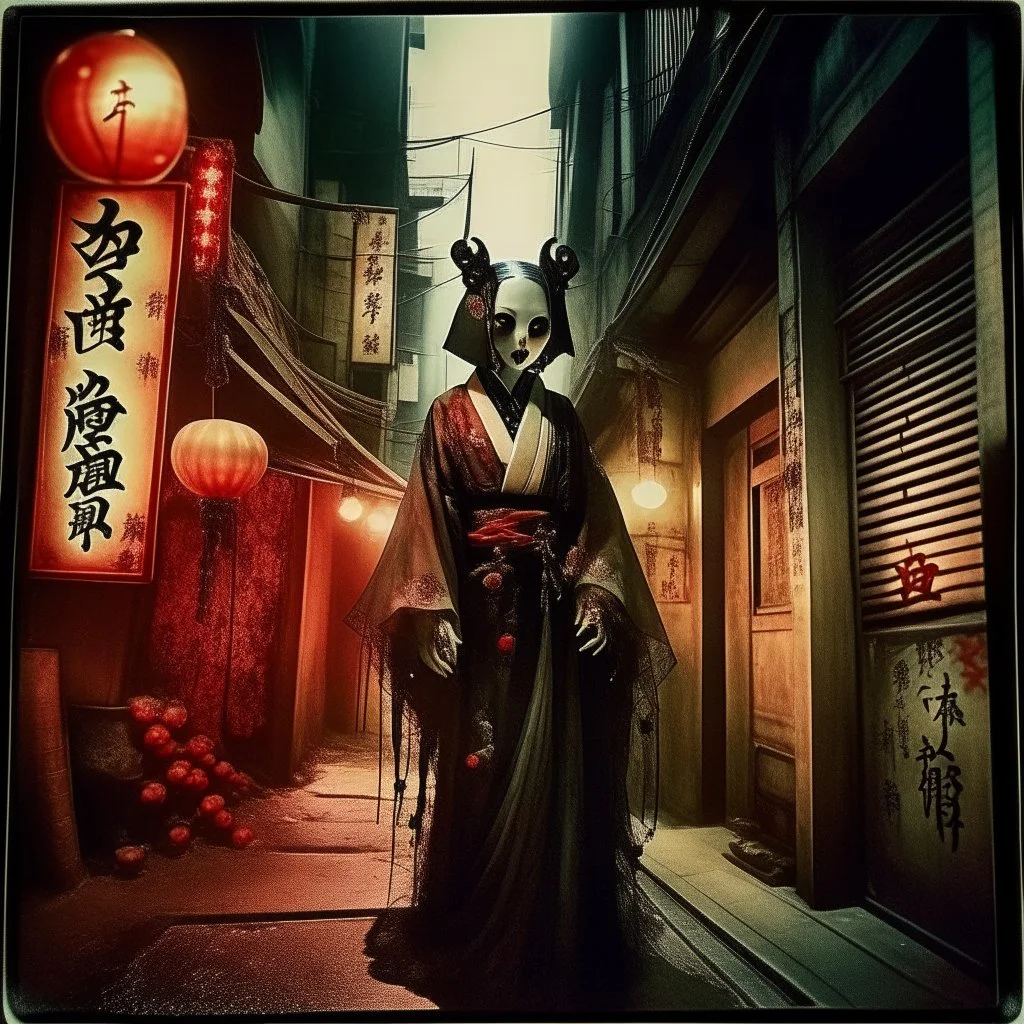 Dramatic Vintage Polaroid picture, fantastical pale mottled skin crepey Geisha reaper with red glowing eyes levitating in a derelict alleyway in a city at midnight, dark fantasy aesthetic, dramatic city fog, dust motes hang in air, lit by ambient light from neon "BAR" sign, intricately detailed, complex contrast, dynamic composition; oddball masterpiece, sfumato, sinister,