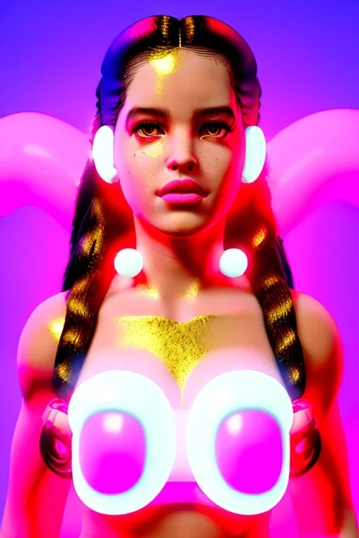 Rosalía artist, Realistic image, natural waist up portrait, perfect eyes, glow, circle iris, eye liner. pigtails hair, face, spray line make up, glow. lips, gold. big rings piercing, led ornament, pearls. coat, latex, inflatable, hot, led lights, minimal, neon, pink, blue, gold, vibrant color, highly detailed, art stations, concept art, smooth, unreal engine 5, god lights, ray tracing, RTX, lumen lighting, ultra detail, volumetric lighting, 3d, finely drawn, high definition, 4k.