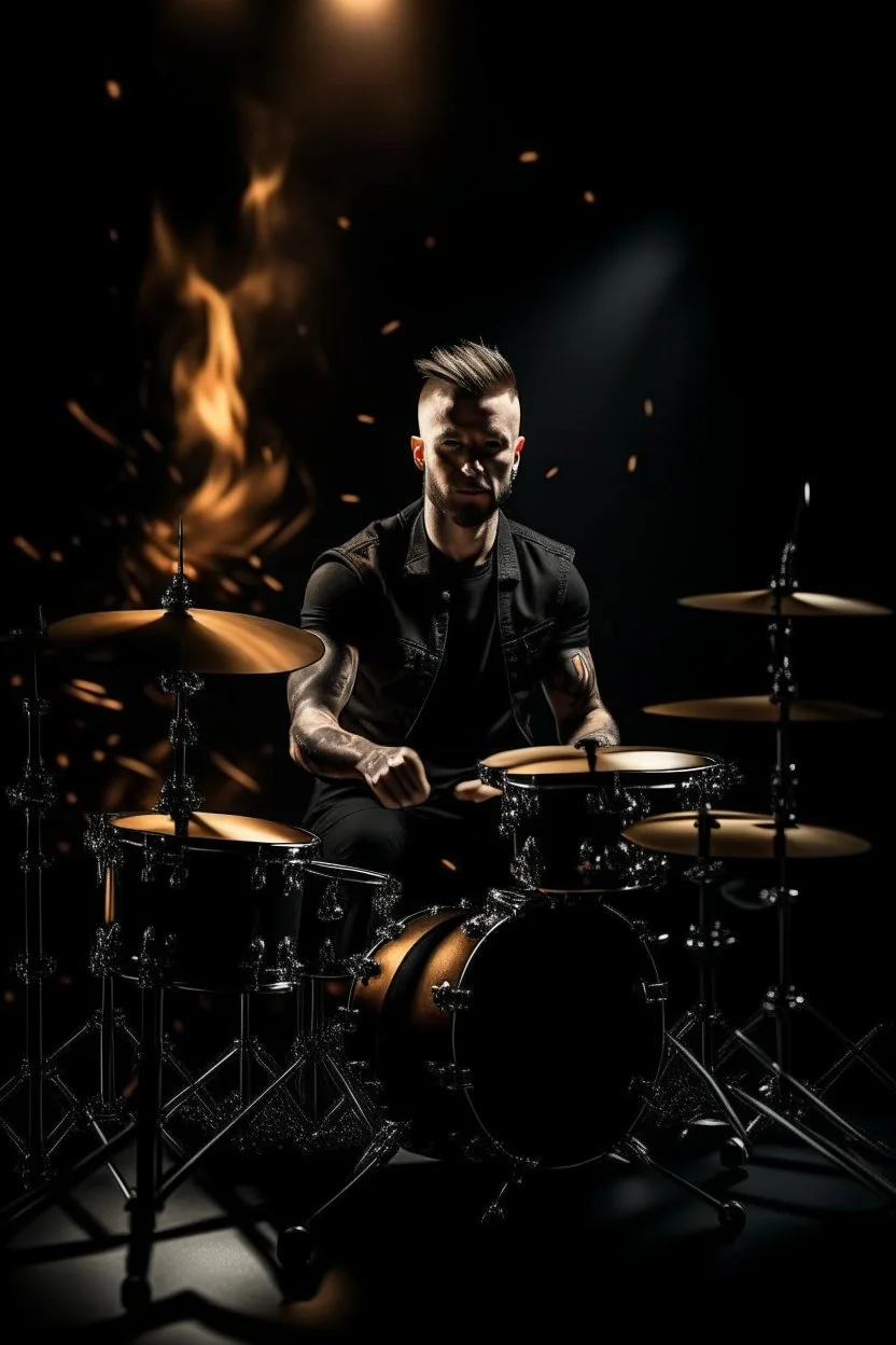 4K realistic, Connor Mc gregor playing drums in a metal band, black background, bright flames all around
