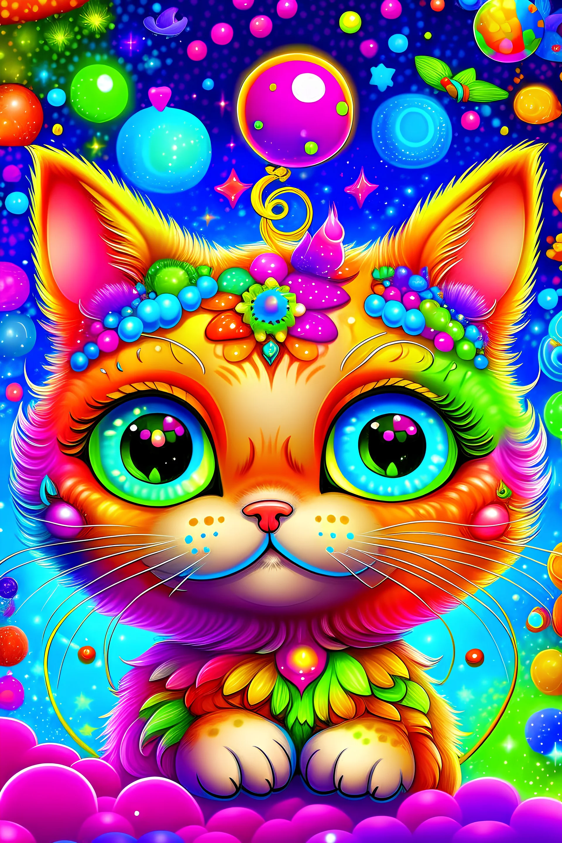 Lisa frank inspired cute kitten with planet-like big eyeballs that are taking up more than half its face and lots of glitter and sparkles and super duper happy with rainbows and sparkles fat and fluffy body small body big head galaxies