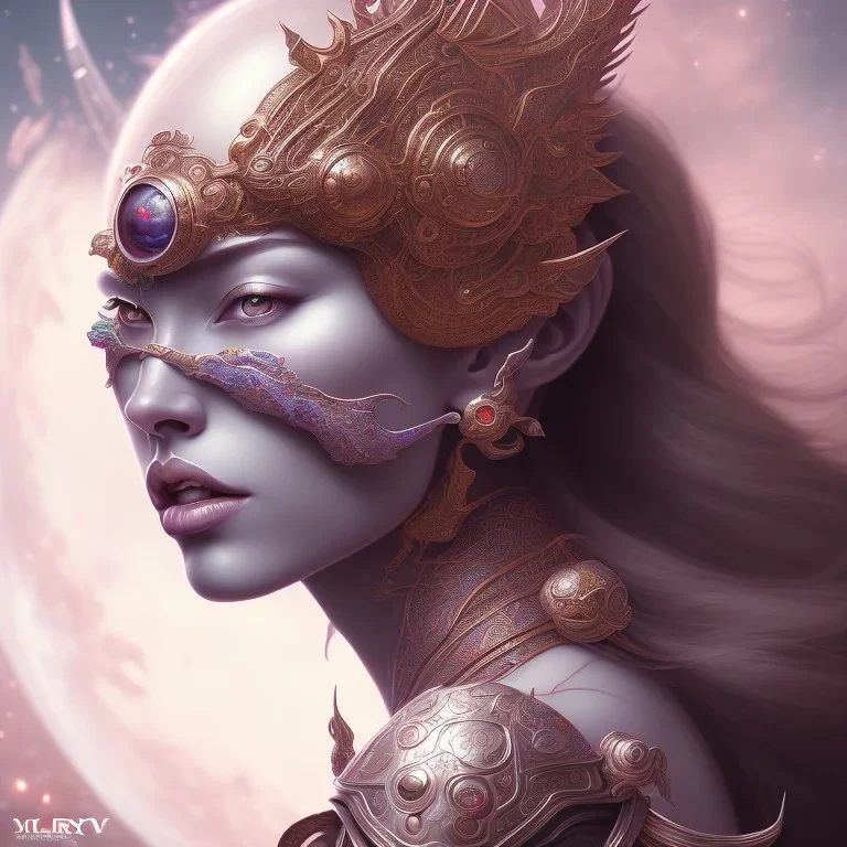 sango fantasy, fantasy magic, intricate, sharp focus, illustration, highly detailed, digital painting, concept art, matte, artgerm and paul lewin and kehinde wiley, masterpiece sexy lips Asian lady body Papu New Guina purple silver space lady space blood moon sun galaxy