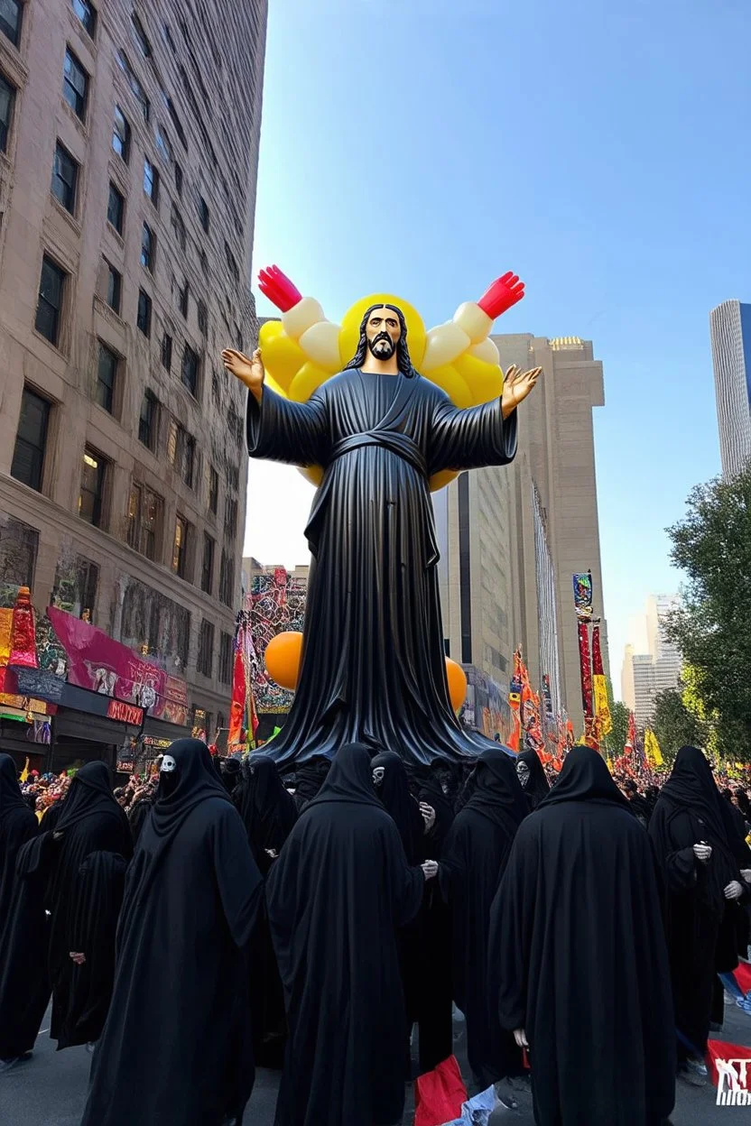 200 ft tall floating cartoonish jesus parade balloon pulled by multiple grim reapers, multi colored, bright, vivid, psychedelic, high detailed, high gloss, insanely detailed, matte, horrorcore, lining the street, unsettling contrast, monument to death, live action shot grim reaper parade, pulling a jesus parade float