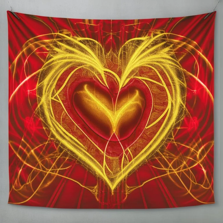 electric heart in red and golden tapestry