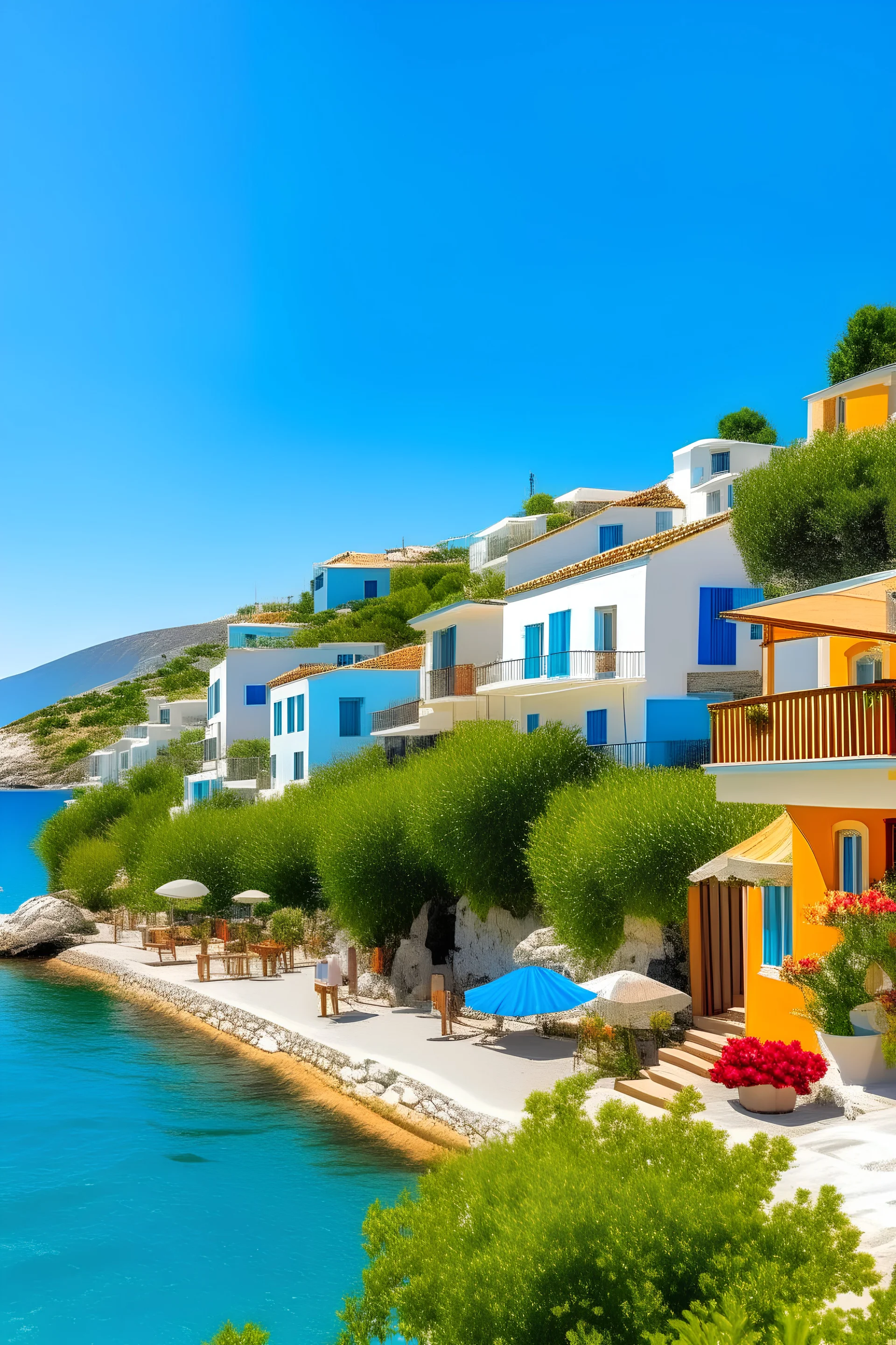 un barrio en grecia, a orillas del mar azul y transparente, repleto de casas, edificios pequeños y negocios hecho de oro vidrio y piedras preciosas. Con arboles, palmeras y flores y plantas tropicales, personas caminando en un día de mucho sol y de verano