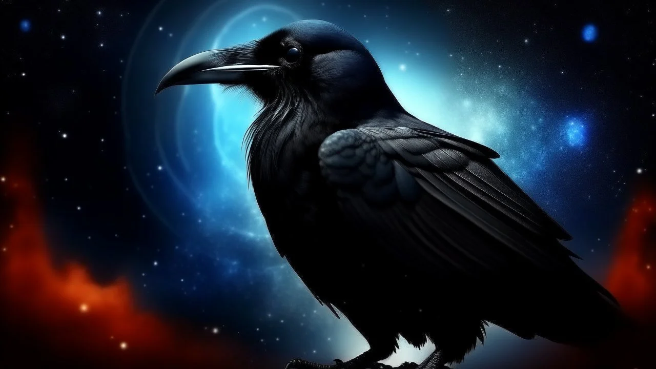 Crow in a space an the background of planets, souls