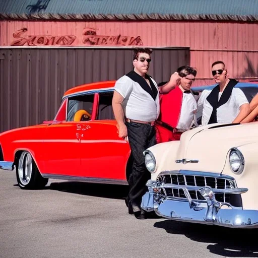 a 50s Greaser BAND standing in front of a hot rod