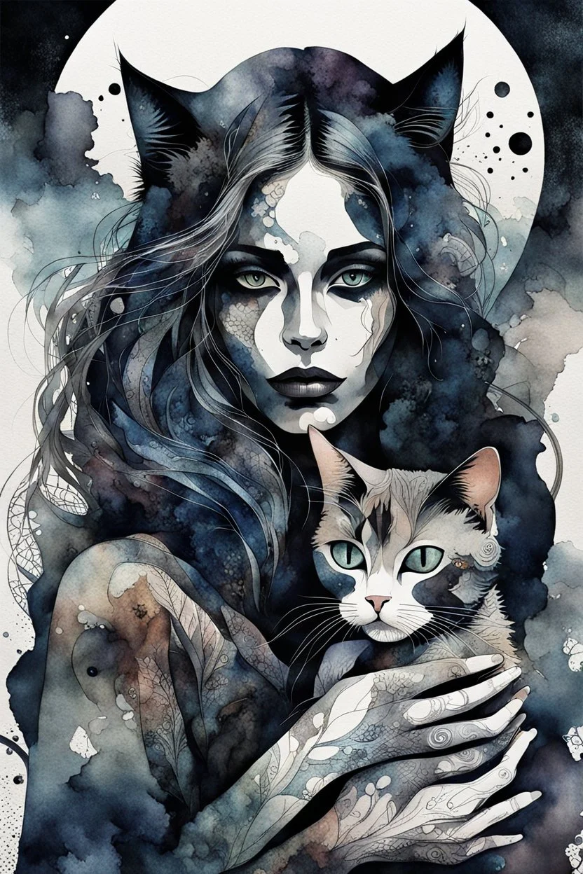 An abstract image of a woman holding her cat, with dark muted tones, a grim atmosphere, and a textured watercolor-like effect, focusing on intricate details, expressive features, and emotive themes, especially highlighting the eyes, hair, and raw emotion, muted tones, gradients