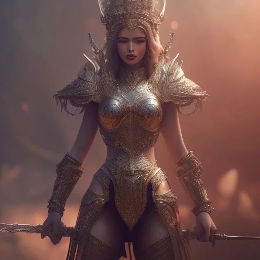 badass female queen goddess of war, beautiful figure, wearing hyper detailed armor,extraordinary, sharp focus,macro lens, intricate filigree metal design, full body portrait, cinematic, unreal engine 5, 8k, hyper realistic. Volumetric lighting, unreal engine 5 ,hyper elegant,hyperphotorealistic, epic composition,bokeh, cinematic lighting, hyperphotomaximalist, masterpiece