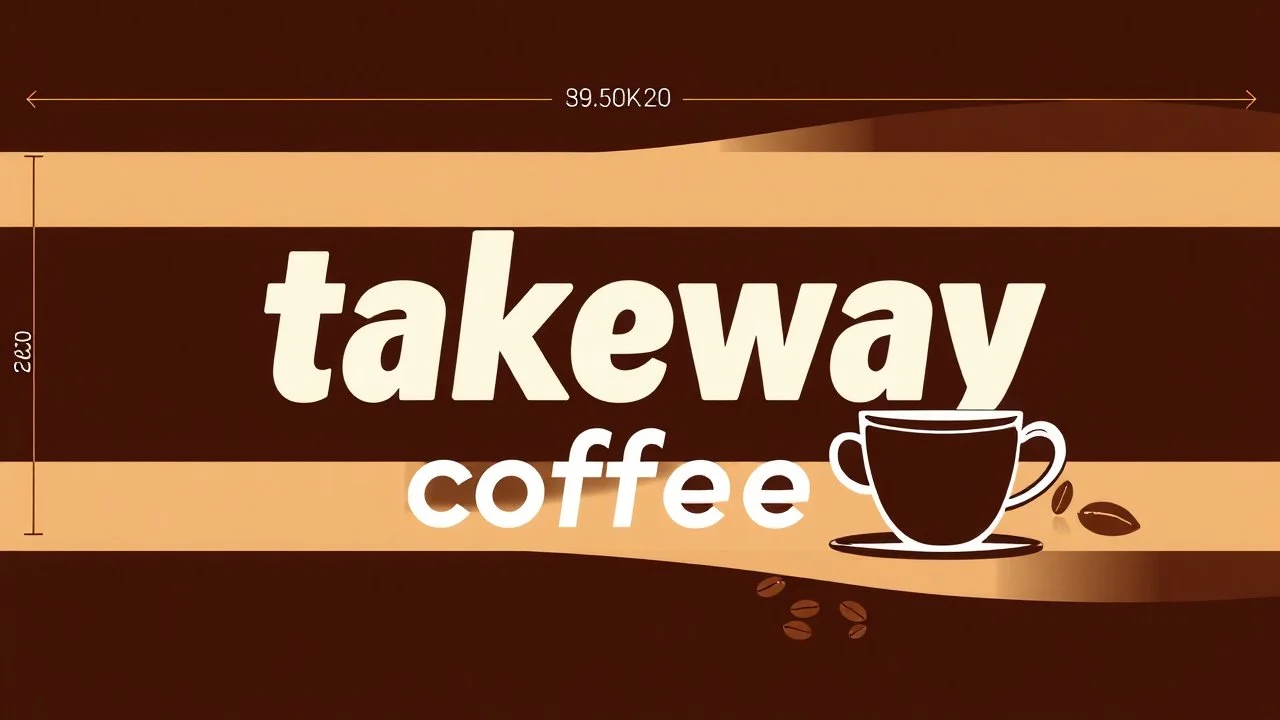 A horizontal design measuring 230 cm x 40 cm with the text (takeway coffee) In the middle with the color theme of Tosi and coffee cup and coffee beans