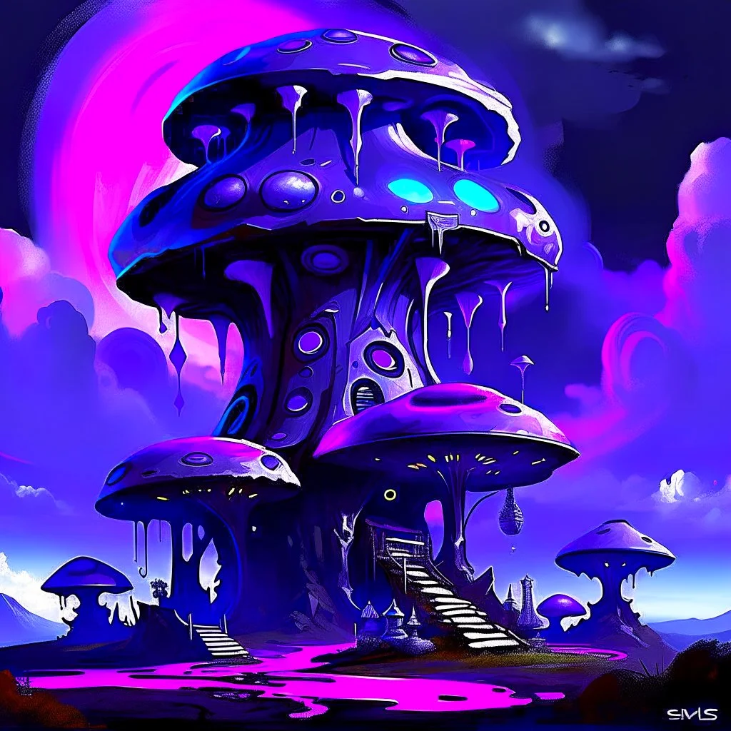 A fantabulous black, blue and purple (((mushroom tower house))) erected atop a (geologic pillar), surrounded by the uncanny imaginative ((( swirling skies))), offset by the stark hues of a (neon-tinged nebulous space scape), within. captured by the hand a skilled master painter with a focus on (softly blurred compositions and voluminous lighting).
