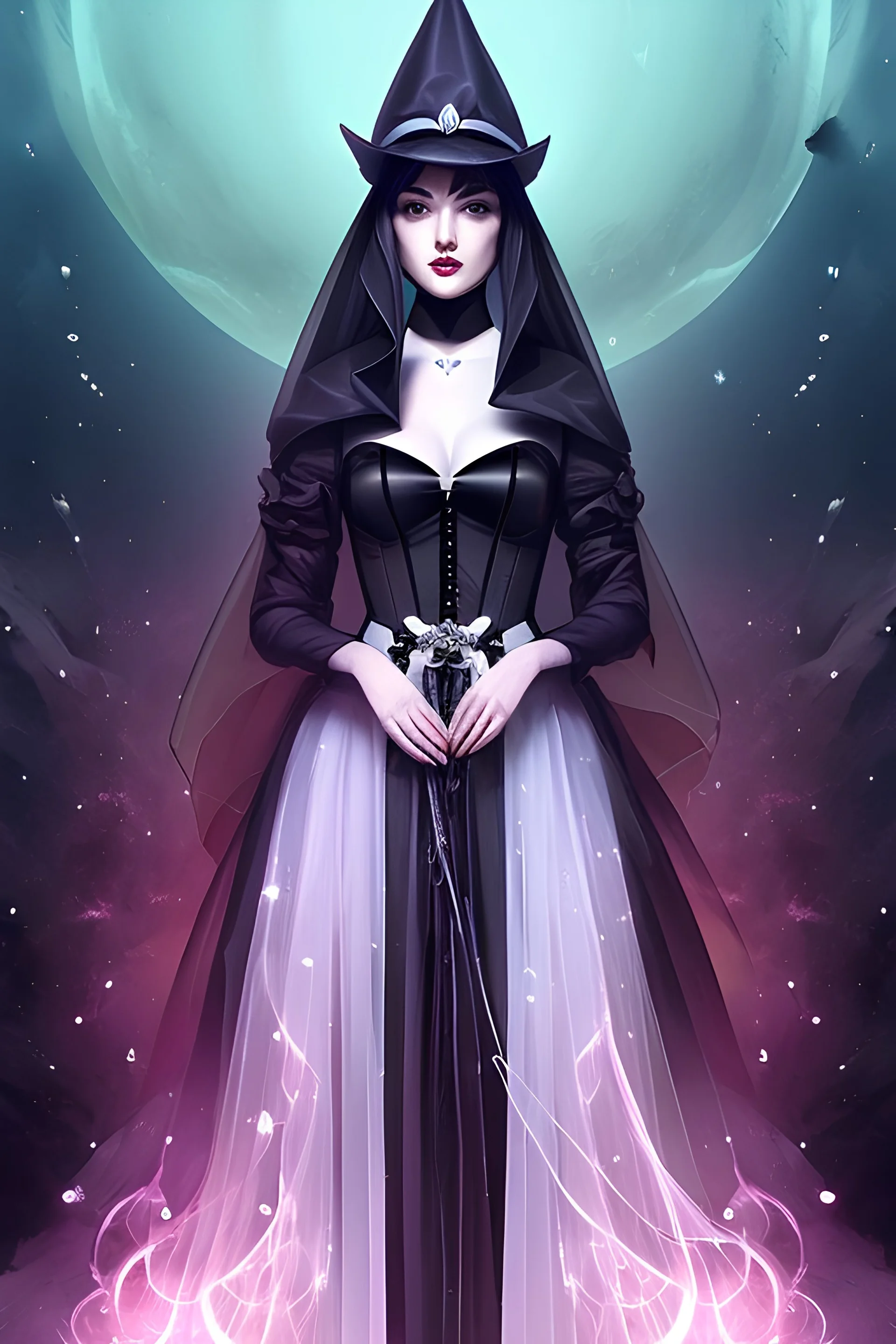 Ultraquality digital_illustration of a witch bride wearing a black wedding dress!!!, deep watercolor!, stippling!, speed_paint!, thick_brush_strokes!, anime, cosmic, astral, inspired by ismail inceoglu, Dan_witz, moebius , android_jones, artgerm , studio mappa, photorealistic, Hyperrealistic, cgsociety zbrush_central fantasy album cover art 4k hdr 64 megapixels 8k back lit complex elaborate fantastical hyperdetailed