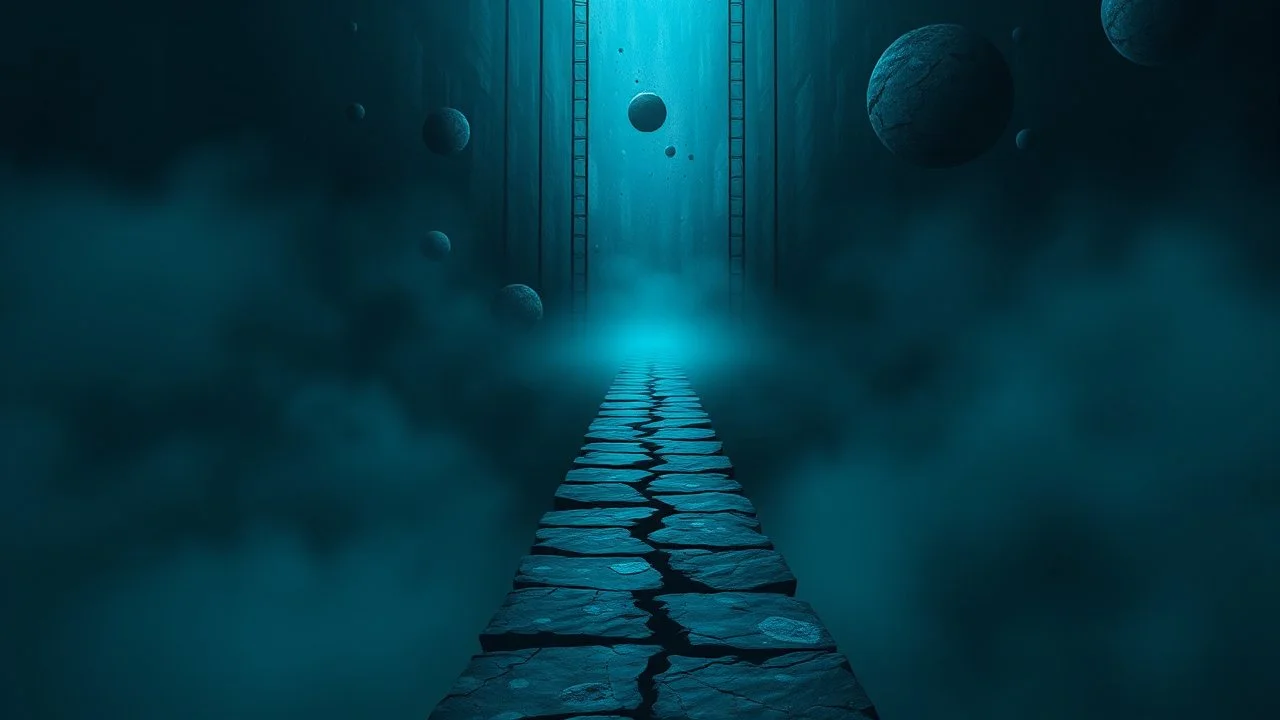 passage over nothingness, surreal, dark and cold abstract artwork dominated by deep blue, icy cyan, charcoal black and muted steel-grey tones. An narrow passageway emerges from an abstract distorted weird landscape, surrounded by thick fog and drifting mist. The space feels nightmare, alien and unsettling, with tiny floating circles and lines geometric forms, black onix column fragmented and unnatural perspectives. At the center of the composition cracked stone way over abyss