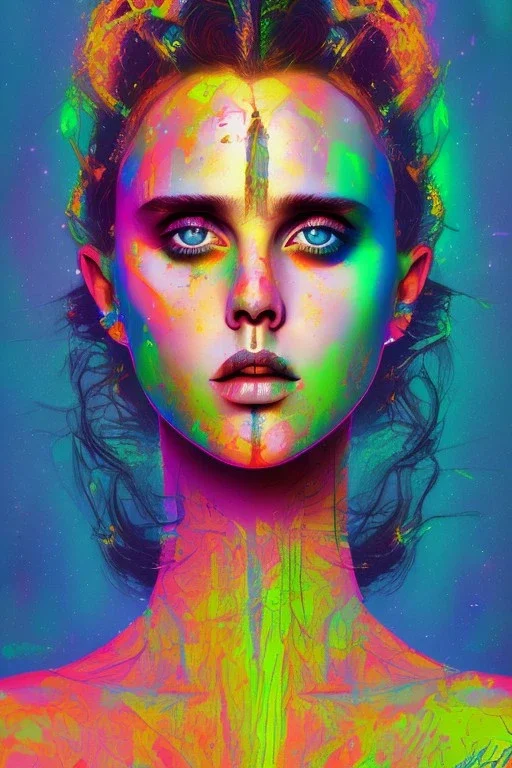 Danish singer MØ face, Abstract Expressionism, neon tones,