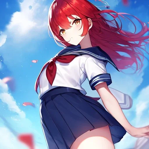 Clear focus, High resolution, medium length hair, cyan hair, red hairs, wearing a sailor uniform, (Falling from sky) (helpless) (Ilisration)