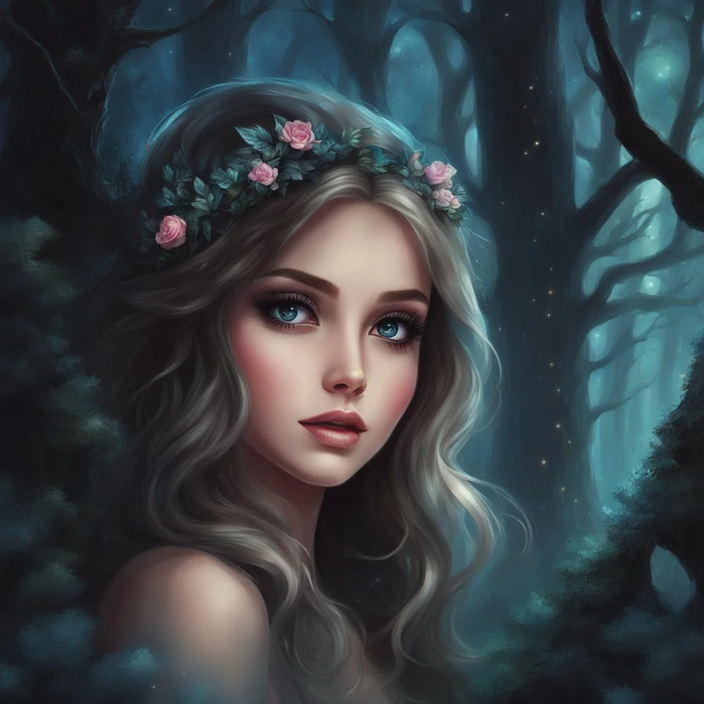 Painting of a beautiful girl, beautiful, haunted forest, pretty face, young girl, fantasy art, anime portrait, barbie face, big eyes, bright eyes, dream, trees, forest, dark night, song, glitters background, fantasy, high quality, 8k