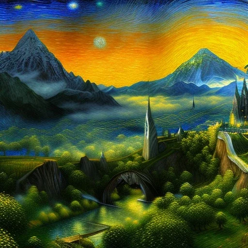 Epic Drawing of scenery of The LOTR estilo Van Gogh 4k